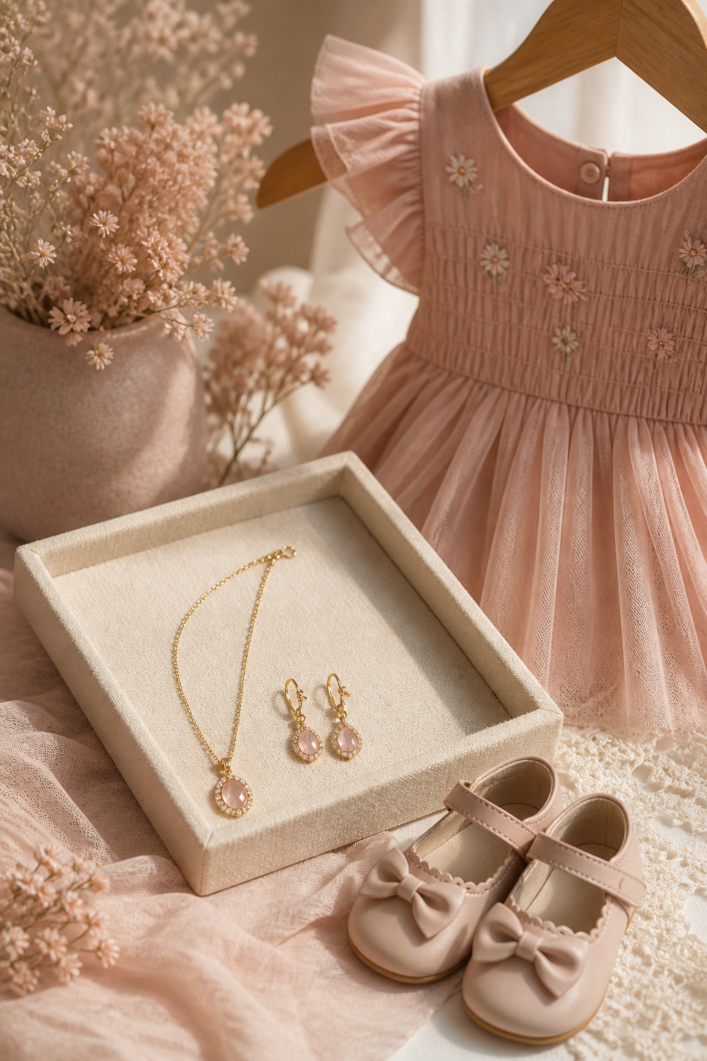 Jewellery and kids clothes still life